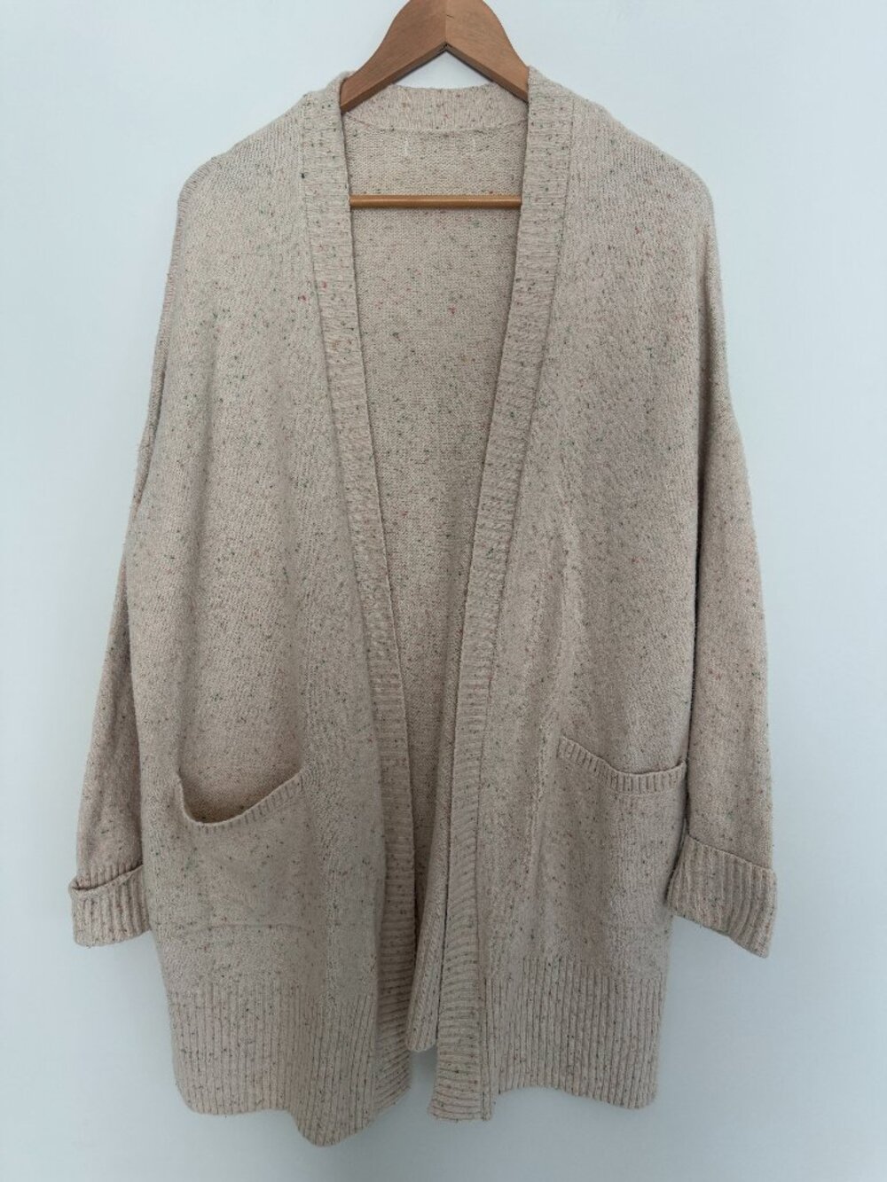 Cynthia Rowley Woman Beige Marbled Open Drape Long Sleeves Pockets Cardigan XL